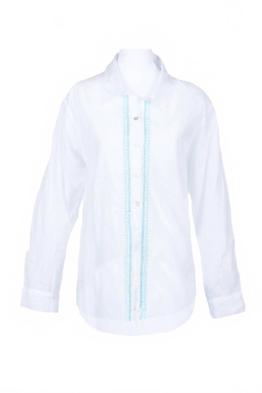 NEW SUBTLE LUXURY women's everyday boyfriend shirt in white with green/blue embr